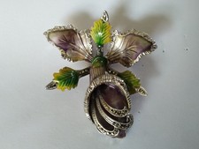 ANTIQUE SOLID SILVER BROOCH ORCHID CATTLEYA ENAMEL enamel silver brooch