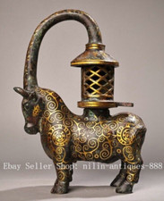 11.4" Old Bronze Ware Gold Inscription Cattle Cow ox Bull Candlestick Oil lamp