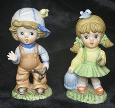 1970 Home Interiors Figurines Boy with Slingshot Girl with Bluebird & Cage Homco