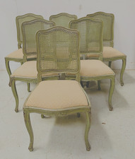 six chaises style Louis XV bois laqué dossier canné assise tissus . XX siècle .