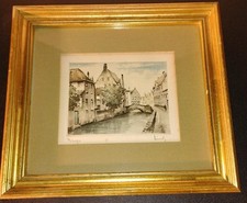 VTG. Roger Hebbelinck Art Hand Signed Vintage Aquatint Etching Bruges, Belgium