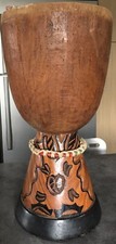 TAMBOUR TAM TAM Africain BOIS MASSIF Décor Sculpté 50 Cm - Manque Peau De Chèvre