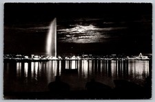 Jet d'Eau Night View Geneva Switzerland Vintage Black & White RPPC