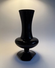 Vintage ART DECO Opaque Black AMETHYST GLASS Cut Footed FLOWER VASE poss Czech