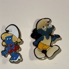 1980’s Vintage Smurf Google Eye And Smurfette Lapel Pin Gold Color