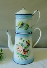 OLD ENAMELED CANVAS COFFEE MAKER DECOR OF THOUGHTS AND ROSES