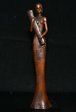 11.8" China boxwood dynasty palace people woman flower beauty guzheng statue