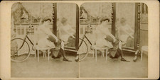 Woman Removing Her Bike Pants, Vintage Print, ca.1880, Stereo Vintage Print