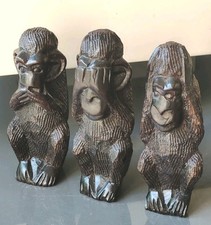 Figurines 3 Singes Sagesse. Je Vois, N Entends, Ne Dis Pas Le Mal. En Bois/14 cm