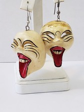 Antique Japanese Mempo Men Yoroi Theatrical Mask Earrings Hand Painted