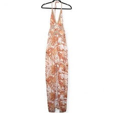 Luli Fama Maxi Dress Womens Size XS Brown Feathers Halter Sheer Panels Slit