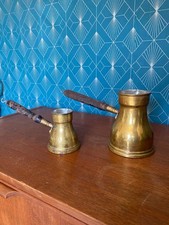Antique Oriental Coffee Makers, Brass, Wooden Handle, Handmade. The Lot of 2