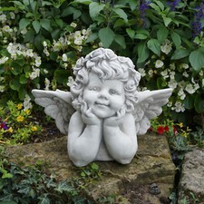 Buste d'ange avec ailes statuette en pierre 31 cm 15 kg gris béton blanc rési...