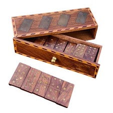 Antique Box of 28 Wooden Dominoes, Brass Inlaid Decor and Drawer