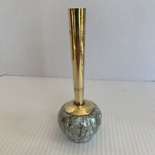 Vintage Delft Holland Hand Painted Luster Bud Vase Brass Top Blue Bottom 6.5”