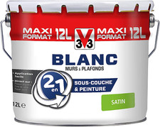 Peinture Blanche Mur Et Plafond Satinée, BLANC 2 EN 1, 12L