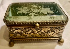 Boite Coffre à bijoux verre biseauté gravé laiton doré Style L XV - Napoléon III