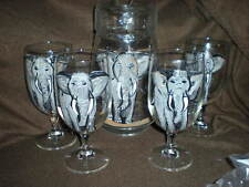 HAND PAINTED GRAY ELEPHANTS ON WATER PITCHER AND 4 ICE TEA  GLASSES SET