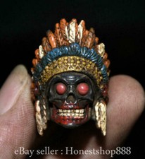 1.4" Antique Tibetan Bronze Ring Painting Human Beast Skeleton Head
