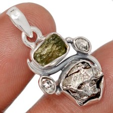 Natural Genuine Czech Moldavite & Herkimer Diamond 925 Silver Pendant CP69749