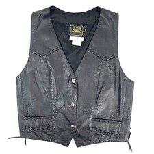 VTG Le Cuir Niko Leather Biker Vest Black Size L, Eagle Embrossed Braided Detail