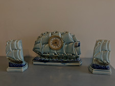 Ancienne Horloge et 2 vases  EN BARBOTINE  Art Déco ESDEVE Sarreguemines