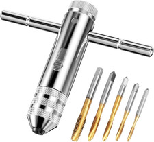 Kit Tarauds M3-M8 Acier Titane + Tourne à Gauche Clé à Cliquet, 5 Pièces