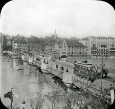 Basel Old Bridge Trams 1900 - Positive Glass 10 x 8.5 - Switzerland - VS 14