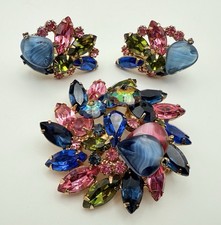 Vintage Juliana D&E 3D Brooch Earrings Set Blue Pink Green Marbled Demi Parure
