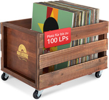 Caisse Range en Bois Retro 100 Disques Vinyles Rangement avec 4 Roulettes Brune