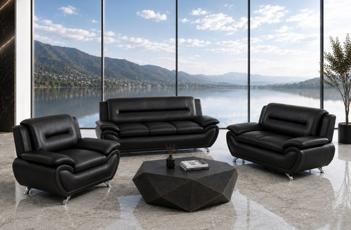 New black leather gel 3pc - gel, sofa