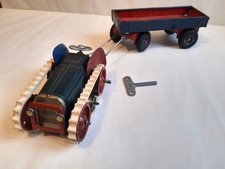 VINTAGE JOUET MECANIQUE "GESCHA" TRACTEUR + REMORQUE EN TOLE LITHOGRAPHIEE 50's