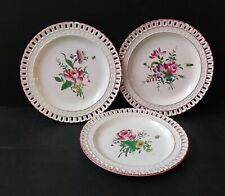 3 OPENWORK DESSERT PLATE FAIENCE FLORAL DECOR HAND PAINTED KG LUNEVILLE 1900