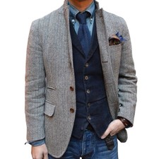 Mens Gray Blazer Herringbone Tweed Check Prom Groom Tuxedo Warm Jacket Coat