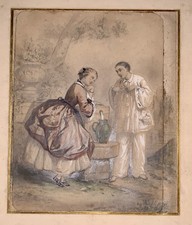 Dessin Ancien Aquarelle Et Crayon Pierrot Et Colombine XIXEME