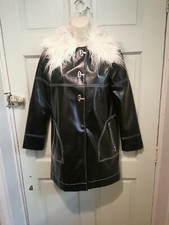 Topshop PVC Vinyl Black Trench Coat UK 8 Faux Fur Trim Stitch Hook & Loop Size 8