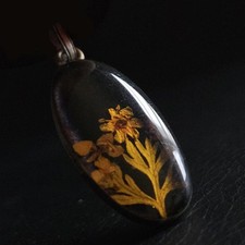 Pendentif nature morte sous résine plantes séchées sur fond noir bijou ancien