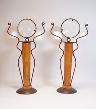 Pair Of Rare Glass Wood Metal Candle Holders Vintage Style Loft Shabby Chic
