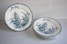 8 Antique Gien Earthenware Flat Plates Fern Decor, Dia. 23 cm