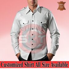 Men's Real Soft Leather White Police Military Style Shirt Bluf Gay Cuir Schwarz