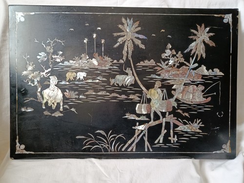 Tableau bois noir laqué - tableau,