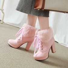 Womens Round Toe Lace Up Block High Heels Fur Thim Ankle Boots Platform Shoes