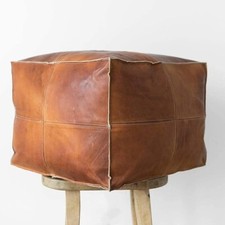 Pouf En Cuir Brun Fait Main Non Rembourré 18" Vintage
