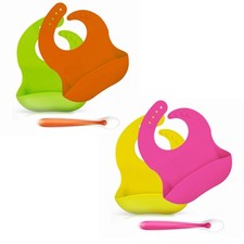 2 Pack Silicone Waterproof Adjustable Baby Boy Girl Bibs with Feeding Spoon