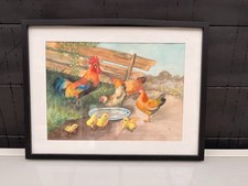 Ancien Tableau Peinture Aquarelle Ferme Animaux Coq Poule Poussin Campagne