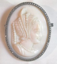 LARGE CAMEO BROOCH NOBLE MATERIAL SOLID SILVER 19TH CENTURY MARCASSITE