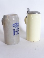Pair of Antique Beer Mugs Hofbräu Munich Pewter Outfit W.Stecher Against Les