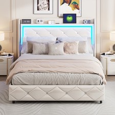 Lit Rembourré 140x200 cm, Cadre de Lit Double avec LED & USB et Sommier à Lattes