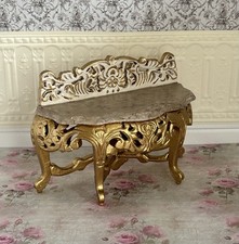 Dolls House 1/12 Scale Large Gold Console Table With Marble Style Top (used). 