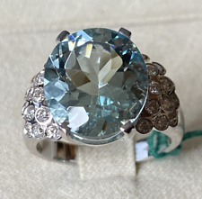 Bague En Or Blanc 18kt Avec Diamants Et Aigue-Marine Naturelle Ovale Ct. 6,76